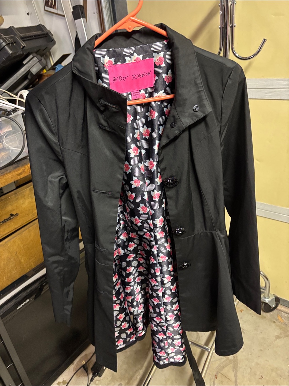 Betsey Johnson Black Trench Coat with Pink Floral Lining